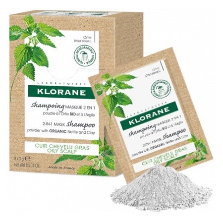 Klorane Shampoo Maschera 2 in 1 Polvere all'Ortica Bio e all'Argilla - Capelli Grassi  8 Bustine Mon
